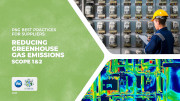 Green pamphlet titled "The Next Frontier for Suppliers: Reducing Greenhouse Gas Emissions Scope 1 & 2", featuring images of electrical meters and thermal imaging